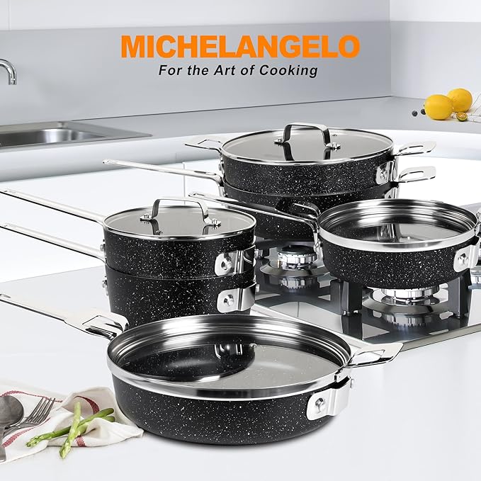 MICHELANGELO Stackable Pots and Pans Set 10 Piece 10 Inch Frying Pan with Nonstick Granite Coatings