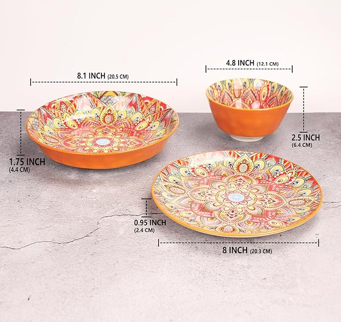 YA JU Mandala Dinnerware Sets (12 Pcs) Serves 4 Buffet Dinnerware Boho Plates and Bowls Dish Set with 8 salad Plate 8 Dessert Plate 4.8 bowl apply Casual dining Indoor Outdoor Dining Party