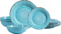 12-Piece Farmhouse Dinnerware Set set of 4 100% Melamine Dishes Serving Set with Plates and Bowls Non-breakable and Lightweight Dinner Set for indoor and outdoor entertaining Light Teal