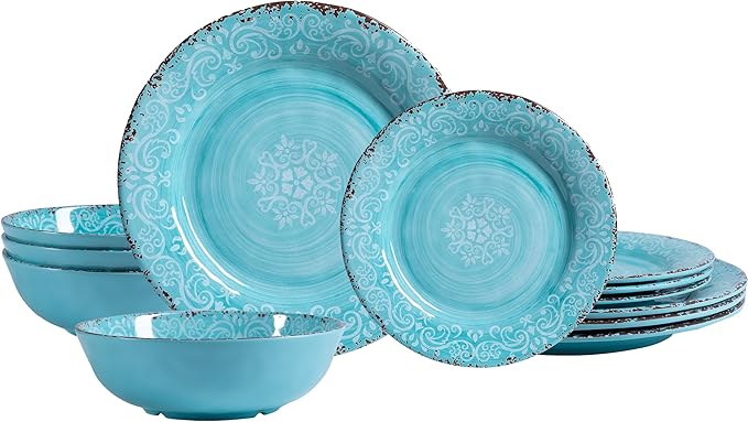 12-Piece Farmhouse Dinnerware Set set of 4 100% Melamine Dishes Serving Set with Plates and Bowls Non-breakable and Lightweight Dinner Set for indoor and outdoor entertaining Light Teal