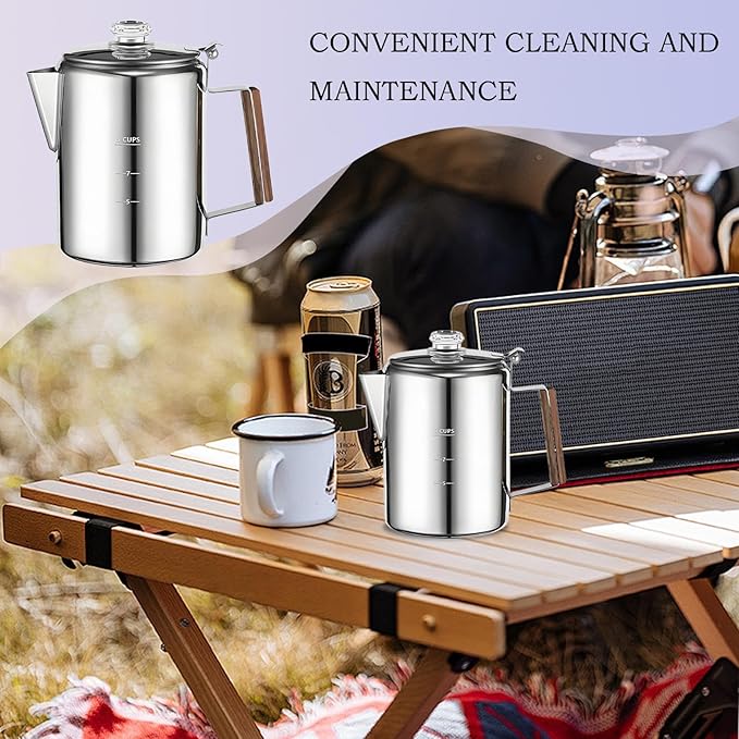 Camping Coffee Pot – Heat-Resistant Stainless Steel Build Quick Brew Portable Percolator Easy-Clean Handle Coffee Maker | Perfect for Outdoor Adventures Picnics Travel Home Kitchen and Group