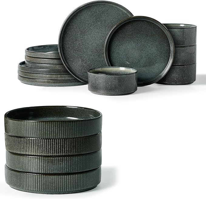 Famiware Star Dinnerware Set with Plates and Bowls Service for 4 (16-Piece) Stoneware Kitchen Dishes Dinner Sets - Deep Forest