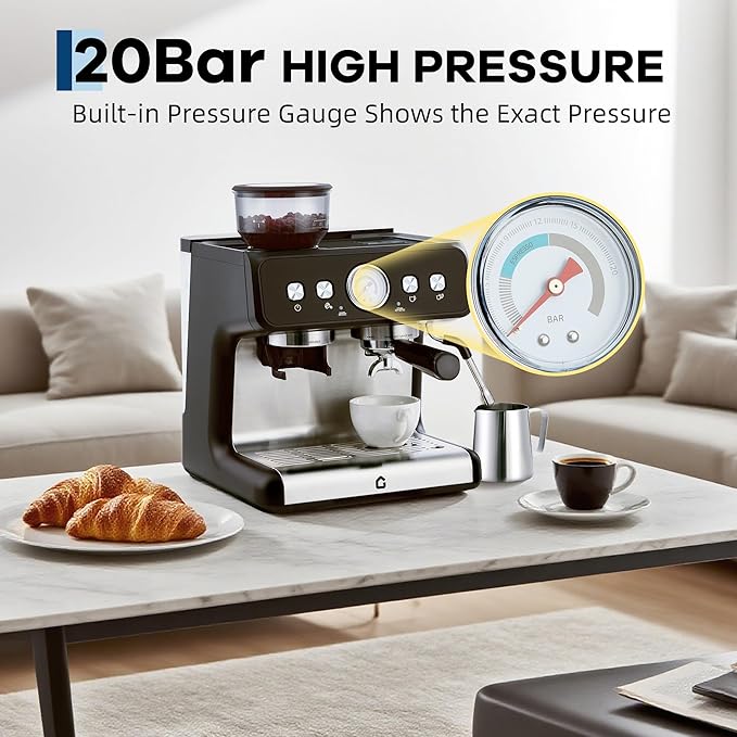Stainless Steel Espresso Machine with Built-In Grinder 20 Bar Pressure Coffee Maker with Milk Frother Steam Wand 2.8L Removable Water Tank &amp Adjustable Shot Volume for Home or Office Use