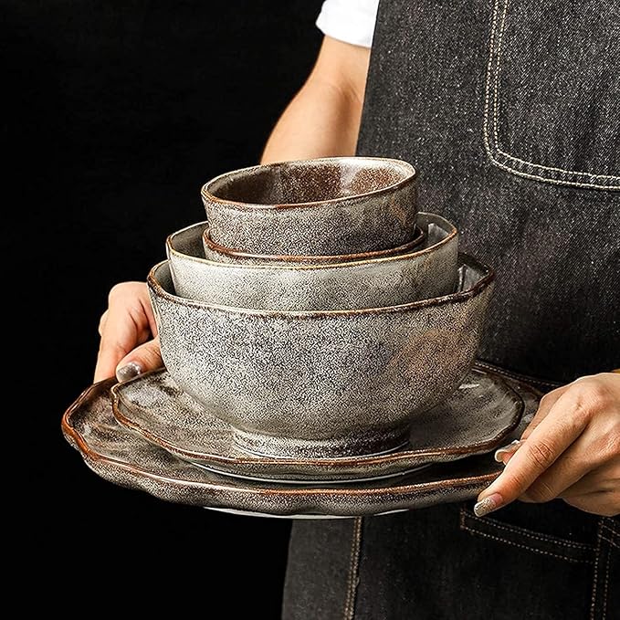 ☆Ceramics Dinner Sets Plates Set 38 Pieces Japanese Style Stone Pattern Dinnerware Set - Retro Porcelain Cereal Bowl and Steak Plate Set for Family GatheringGray size