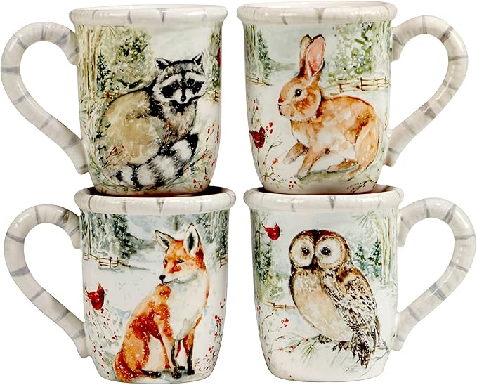 Winter’s Walk 16-Piece Ceramic Dinnerware Set Service for 4 – Bring woodland charm to your table with foxes owls and deer in a serene snowy forest design perfect for cozy winter gatherings
