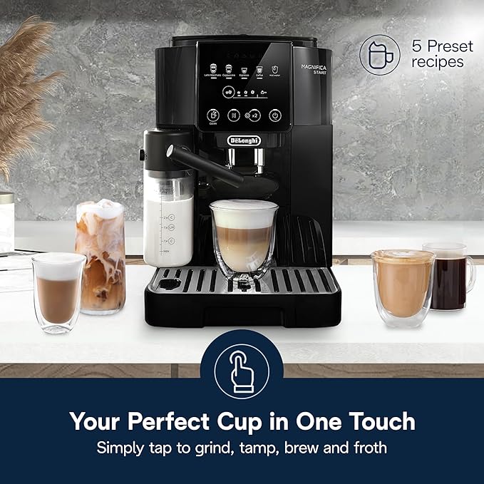 De'Longhi Magnifica Start Automatic Espresso Machine with Auto Milk Frother &amp Built in Grinder - 5 One-Touch Recipes Easy-to-Clean Home Barista Coffee Maker for Lattes Cappuccino Iced Coffee