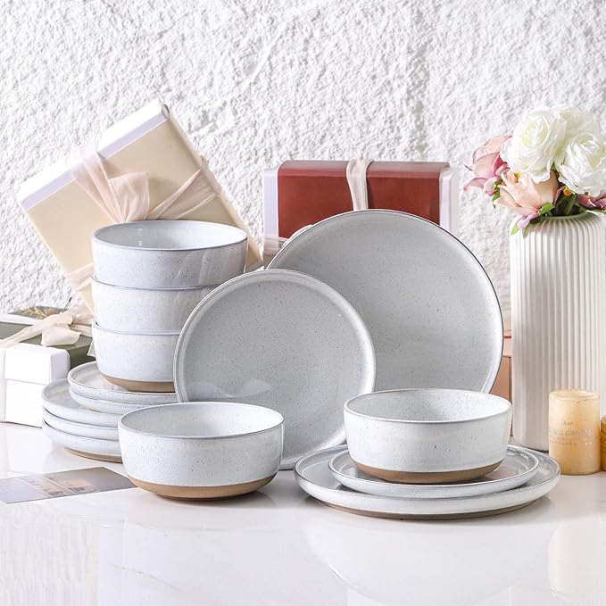 HASENSE Gray Dinner Plates Set of 4 and White Dinnerware Sets Bundle
