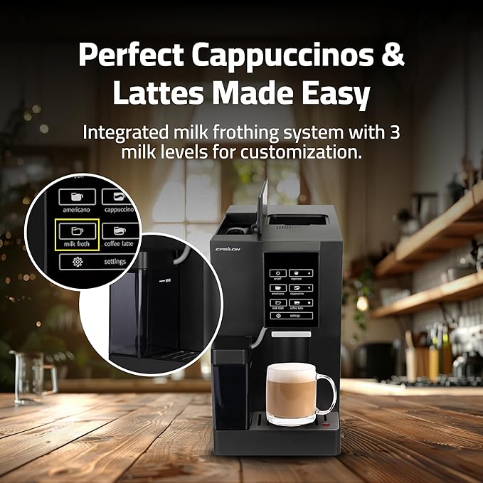 Epsilon Fully Automatic Coffee Machine with Grinder Coffee &amp Espresso Maker Combo Built-In Milk Frother One Touch Self Cleaning Super Automatic Custom Brewing Coffee Machine