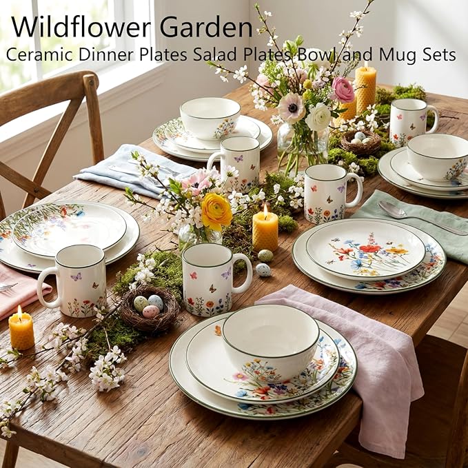 Pickmesh 16 Pcs Wildflower Ceramic Dinnerware Set for 4 Guest Floral Dish Set Spring Butterfly Dinner Plates Salad Plates Bowl Mug Kitchen Gift for Spring Kitchen Holiday Party Decoration