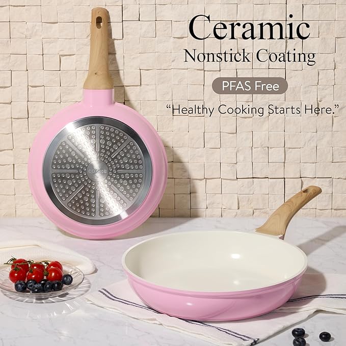 CAROTE Ceramic Cookware Set 14 PCS Pots and Pans Set Non Stick Pot and Pan Set with Frying pan Induction Ready Cooking Set for Kitchen PFOS/PFOA/PFAS Free Pink
