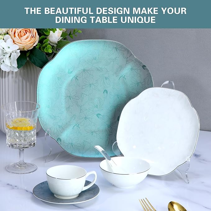 24-Piece Ceramic Porcelain Dinnerware Set for 4Bone China - Green Handmade flowers Plates &amp Bowls | Heavy Duty Chip &amp Scratch Resistant | Gourmet Oven &amp Dishwasher Safe