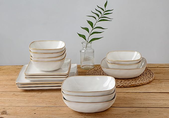 Famiware Ocean Square Plates and Bowls Sets for Kitchen 16-Piece Dinnerware Sets for 4 Reactive Glaze Cappuccino White