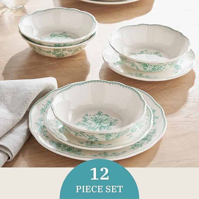12-Piece Green Floral Stoneware Dinnerware Set Fresh Vintage Design Microwave &amp Dishwasher Safe 4-Person Complete Set Ideal for Family Meals &amp Entertaining