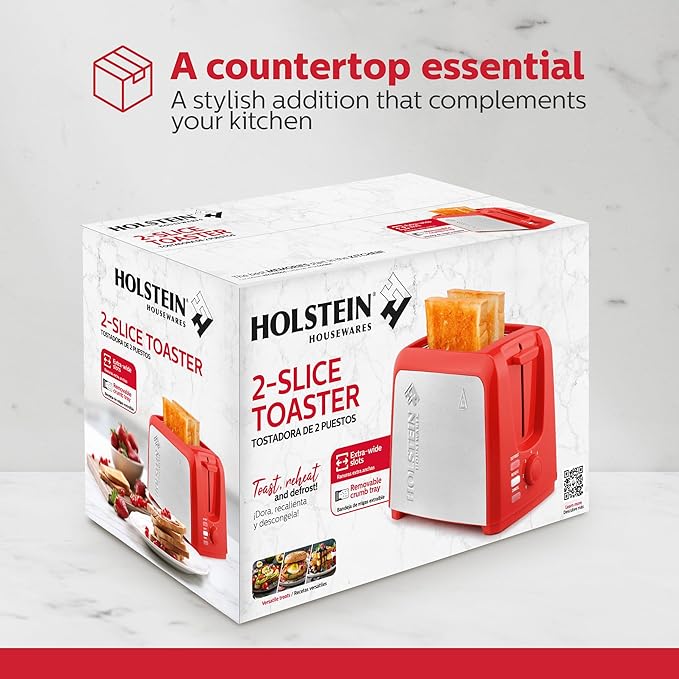 Holstein Housewares 2-Slice Toaster with 7 Browning Settings Extra-Wide Slots Reheat Defrost Cancel High-Lift Release Removable Crumb Tray – Compact Stainless Steel Red