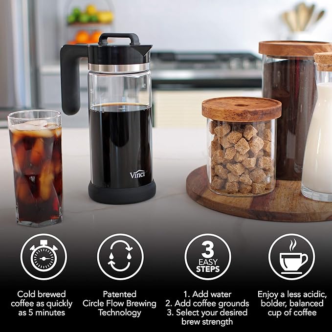 VINCI Express Cold Brew Electric Cold Brew Coffee Maker in 10 minutes Glass Carafe 3 Brew Strength Settings &amp Cleaning Cycle Easy to Use &amp Clean Cold Brewer for Iced Coffee 1.4 L Dial Co