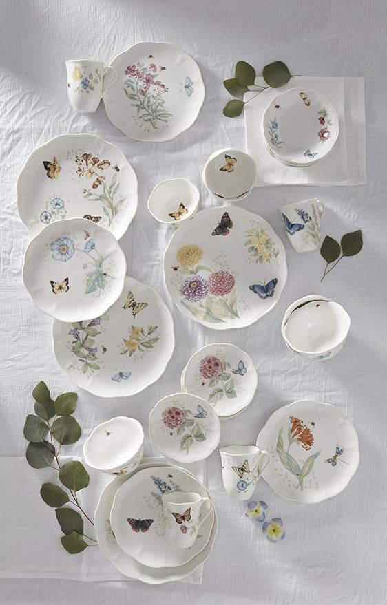 Lenox Dinnerware Set Butterfly Meadow 28-Piece Set Service For 4 Porcelain Plates With Scalloped Edges Plates And Bowls Sets Microwave Safe Dishwasher Safe Home &amp Kitchen (28 Piece Assorte
