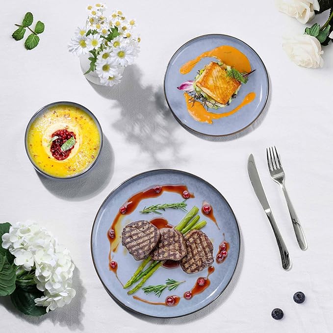 Herogo 6-Piece Stoneware Dinnerware Sets for 2 Stackable Dinner Plates and Bowls Sets Double Reactive Glaze Dishware Place Setting for Kitchen Scratch Resistant Microwave Safe Haze Blue