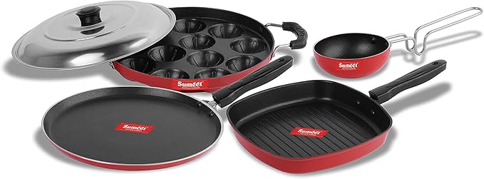 Sumeet 2.6mm Thick Non-Stick Marpo Cookware set (Dosa Tawa – 26.5cm Dia + Grill Appam Patra With Lid – 23cm Dia + Grill Appam Patra With Lid – 23cm Dia + Tadka Pan – 10cm Dia)