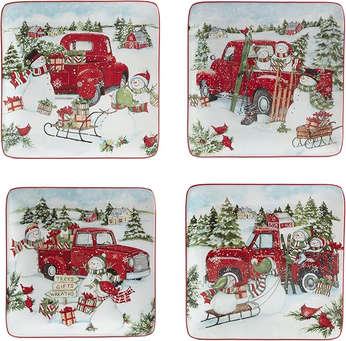Red Truck Snowman 16pc Ceramic Dinnerware Set Service for 4 – Bring holiday cheer to every meal with festive red trucks snowmen and trees perfect for holiday gatherings and winter entertaining