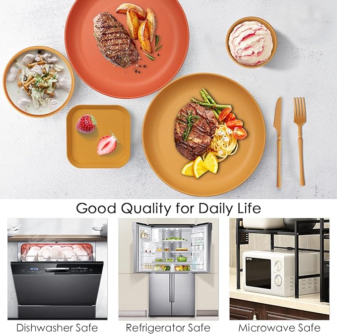 48 Pcs Dinnerware Sets Unbreakable Plates and Bowls Sets Reusable Dinnerware Sets for 4 People Travel Camping Picnic Home Party Cutlery Set Dishwasher Microwave Safe Dishes
