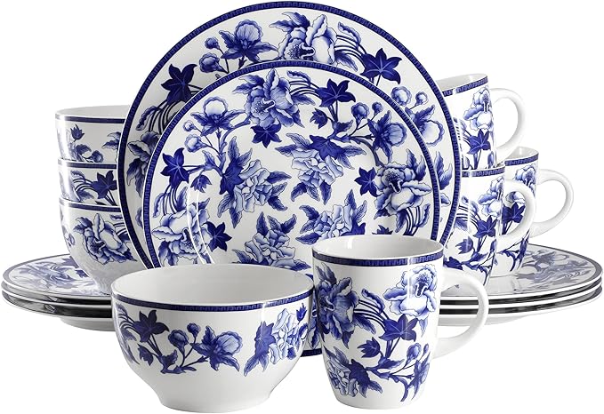 Elama Cattleya Orchid Design 16 Piece Round Porcelain Dinnerware Set in Blue and White Tableware Set Service for 4