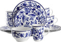 Elama Cattleya Orchid Design 16 Piece Round Porcelain Dinnerware Set in Blue and White Tableware Set Service for 4