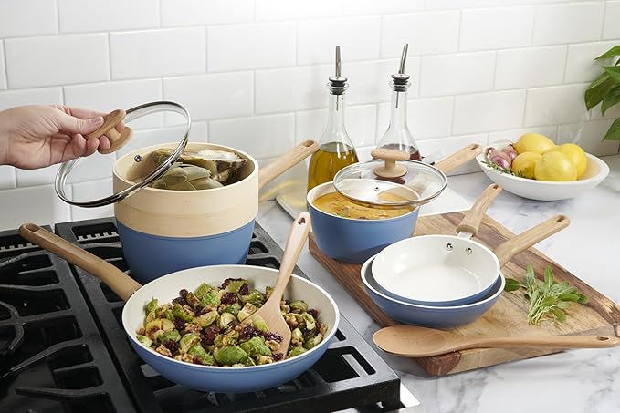 GoodCook 10-Piece Healthy Ceramic Titanium-Infused Cookware Set Light Blue – Pots Pans Steamer Spoon &amp Turner – Induction Cookware Kitchen Pots &amp Pans Set Nonstick Cooking Pan Set