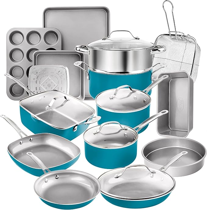 Gotham Steel 20 Piece Pots and Pans Set Nonstick Cookware Set Pot and Pan Set Kitchen Cookware Sets Ceramic Cookware Set Ceramic Pots and Pans Set Pot Set Dishwasher Safe Aqua Blue