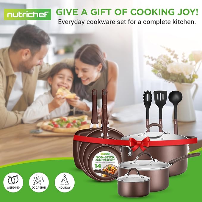 NutriChef 14-Piece Nonstick Brown Cookware Set - Scratch-Resistant Kitchen Pots and Pans with Lids &amp Utensils For All Cooktops - NCCW14SBR