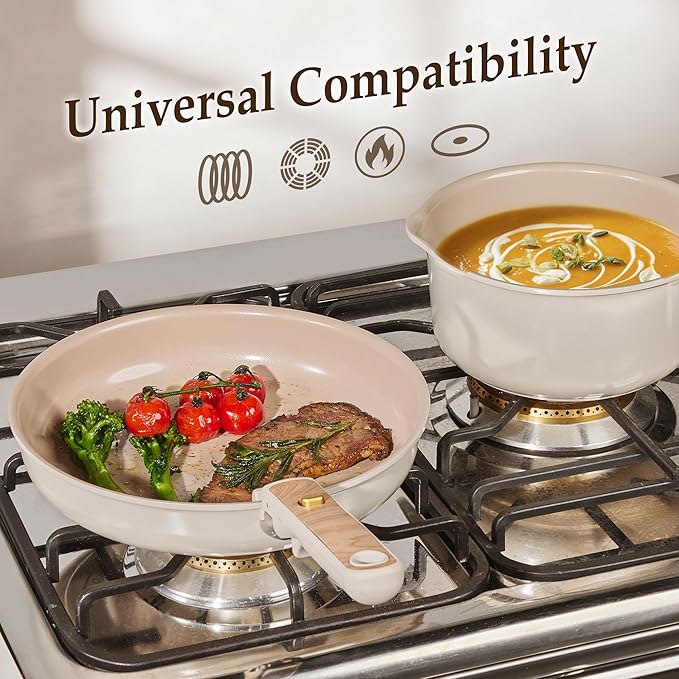 CAROTE 19PCS Ceramic Nonstick Cookware Set Pots and Pans Set with Detachable Handle PFAS-Free Non-Toxic Induction &amp Oven Safe Stackable Space-Saving Taupe
