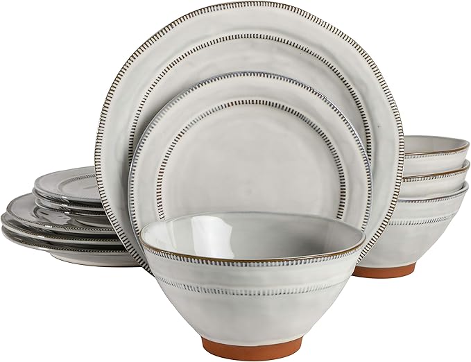 Gibson Elite Terranea Round Reactive Glaze Terra Cotta Dinnerware Set Service for Four (12pcs) White