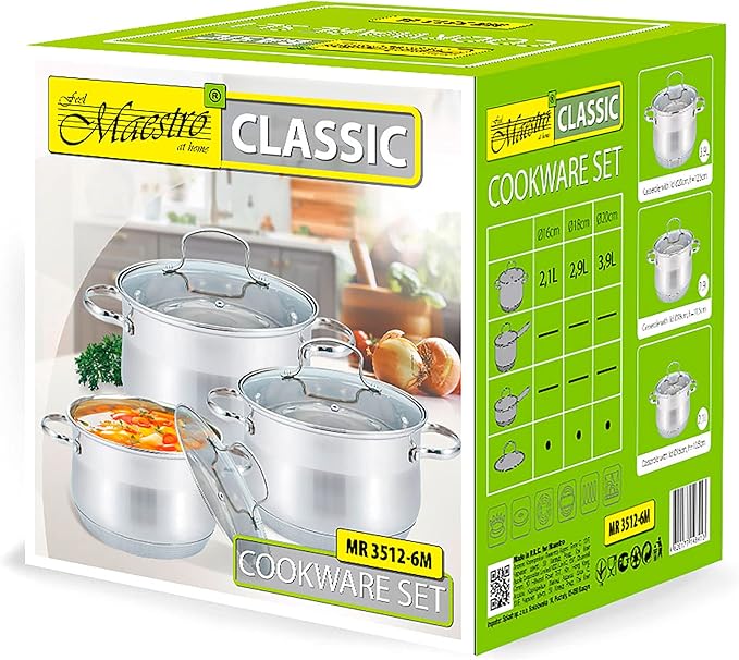 Maestro MR-3512-6M Stainless Steel Cookware Set 6 Pieces Induction 3 Saucepans 3 Glass Lids Suitable for All Types of Cookers Dishwasher Safe