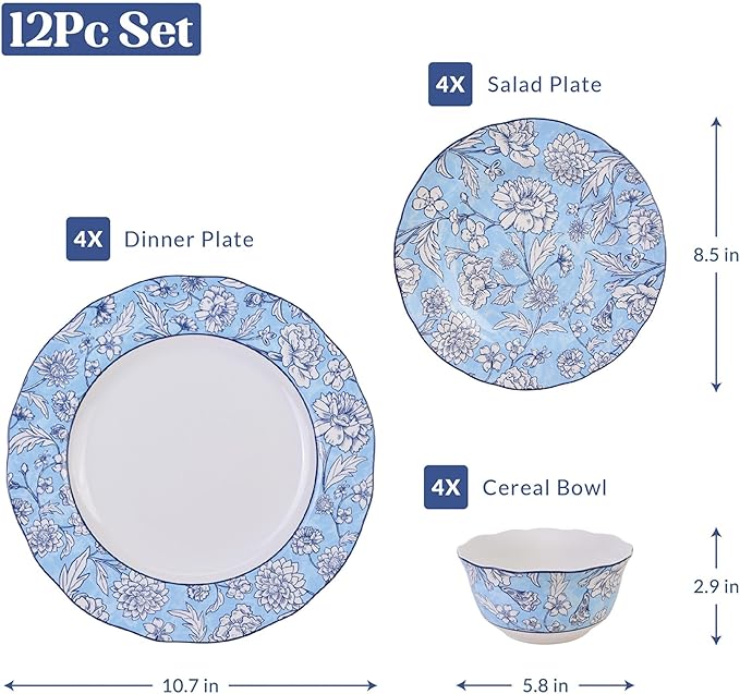222 Fifth 12-Piece Porcelain Dinnerware Set for 4 White &amp Light Blue Plates and Bowls Set Glossy Ceramic Dish Set with Ornate Floral Design Kitchen Tableware Microwave &amp Dishwasher Safe C