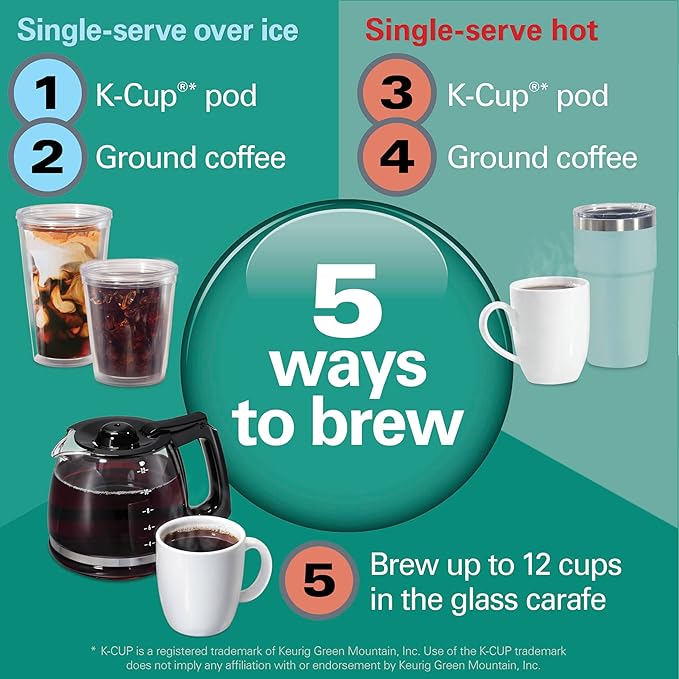 Hamilton Beach FlexBrew Advanced 5-in-1 Programmable 12 Cup Drip and Single Serve Hot &amp Iced Coffee Maker with Movable 60 oz. Water Reservoir Use Pod Packs and Grounds Fast Brewing Black (49924