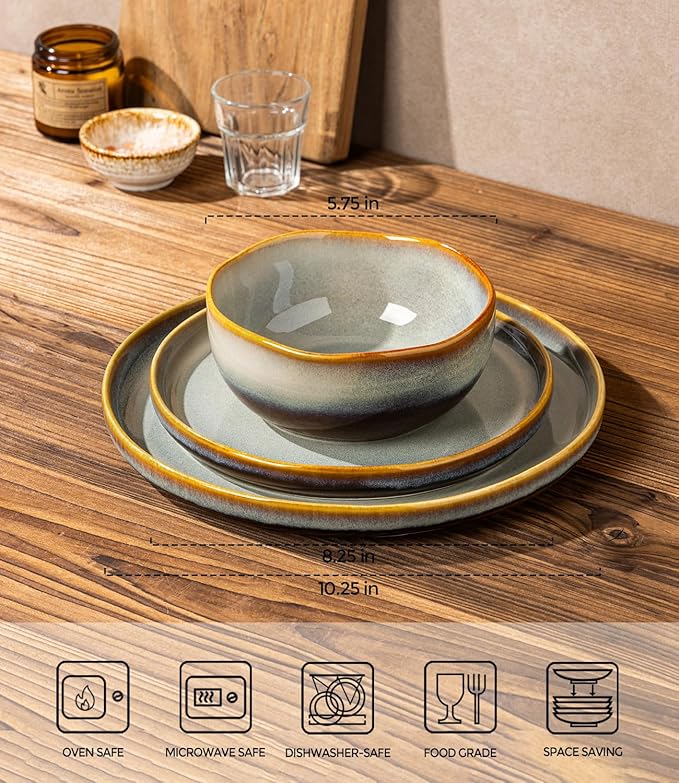 TheTerra Ceramic Dinnerware Sets for 4 12 Pieces Handmade Reactive Glaze Plates and Bowls Sets Scratch Resistant Dish Set Oven &amp Microwave &amp Dishwasher Safe Brown Blue