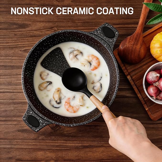 16PCS Cookware Set - Home Nonstick Stock Pot with Glass Lid Pots and Pans Set Cooking Pots Set Cast Aluminum Stay Cool Handles Dishwasher Safe PTFE/PFOA Free Speckled Black