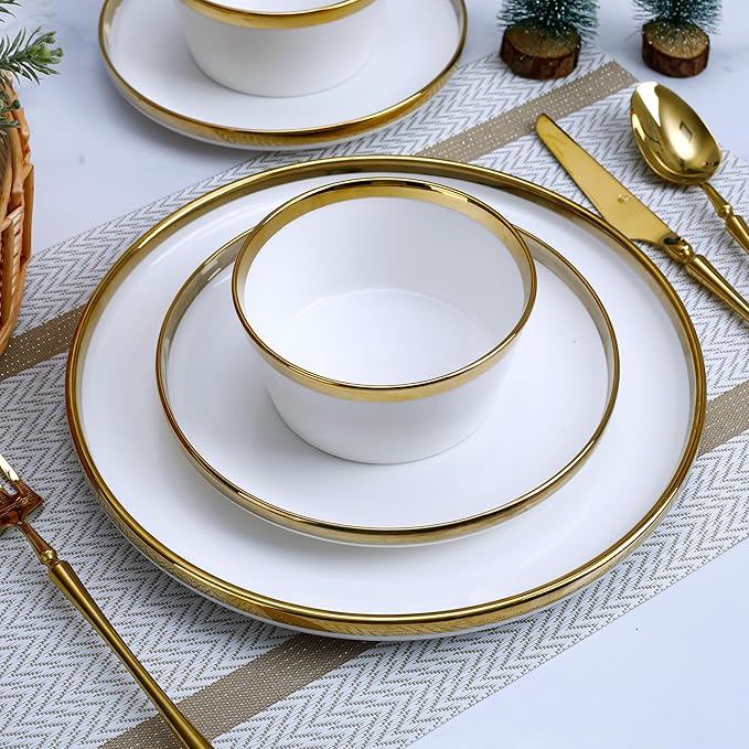 Premium Dinnerware Set 12-Piece with Gold Rim Service for 4White Bone China Porcelain Plates &amp Bowls Chip Resistant Oven &amp Dishwasher Safe for Fine Dining Set