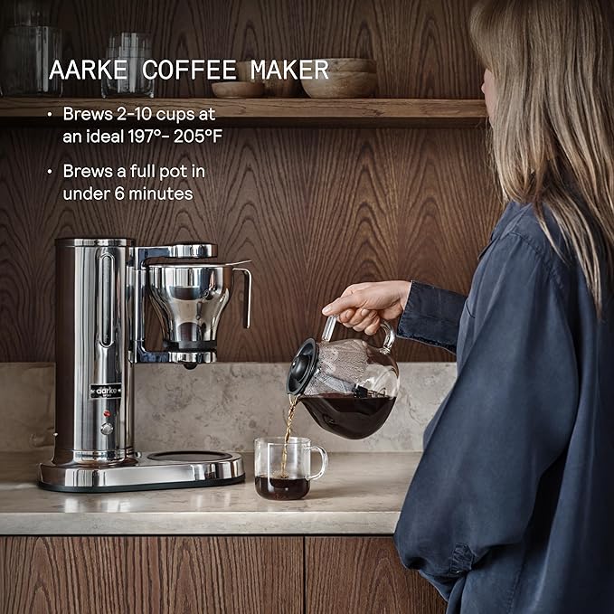aarke Coffee Maker - Electric Drip Brewer with Automatic Drip-Stop Glass Carafe Brews Full Pot in Under 6 Minutes SCA certified Stainless Steel