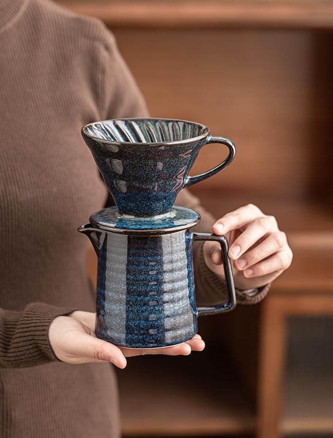 Pour Over Coffee MakerCeramic Coffee Maker With 40 pcs Paper Filter15oz/450ml Pour Over Coffee Dripper (Starry Blue V02)