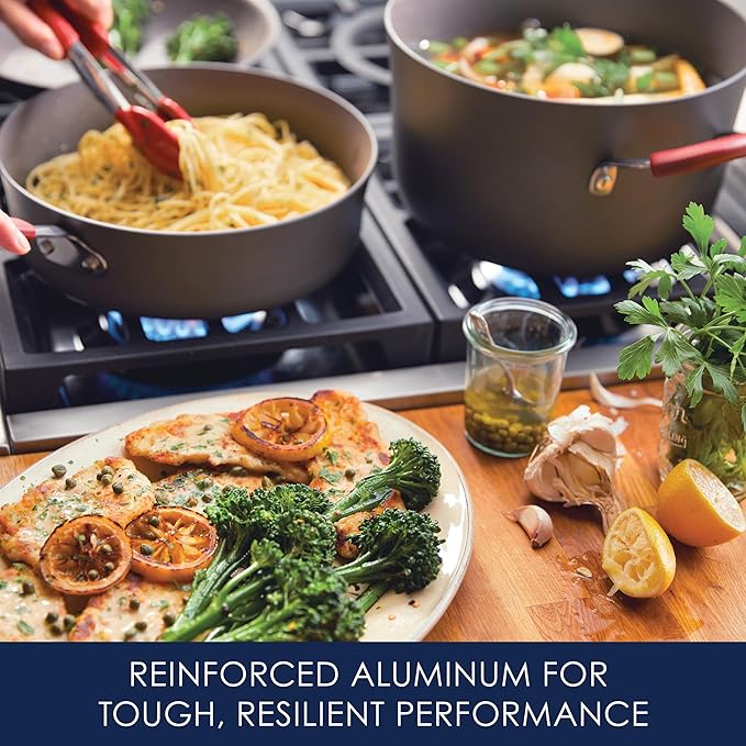Rachael Ray - 87630 Rachael Ray Cucina Hard Anodized Nonstick Cookware Pots and Pans Set 12 Piece Gray with Red Handles