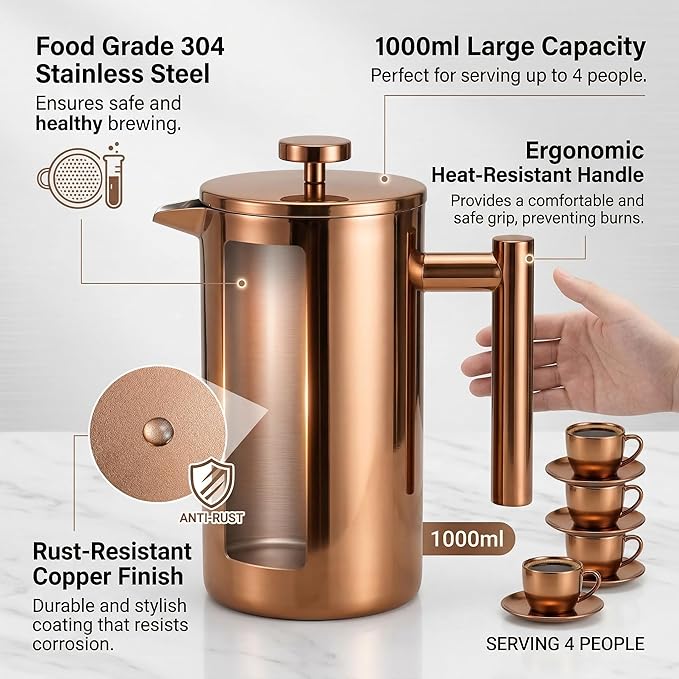YJX 34oz Coffee Maker Stainless Steel French Press 1 Liter Camping Coffee Pot Tea Maker 34 Ounce Travel Coffee Presses Heat Resistant Double Insulated (Coppery)