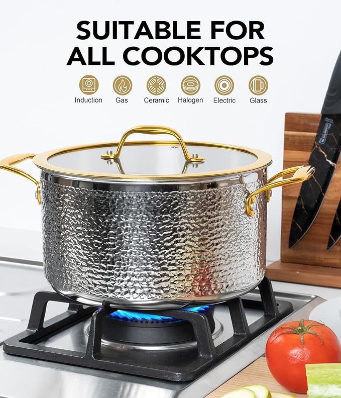 Michelangelo Triply Stainless Steel Pots and Pans Set 10-Piece Hammered Stainless Steel Cookware Set with Golden Handle Premium Induction Kitchen Cookware Oven Safe