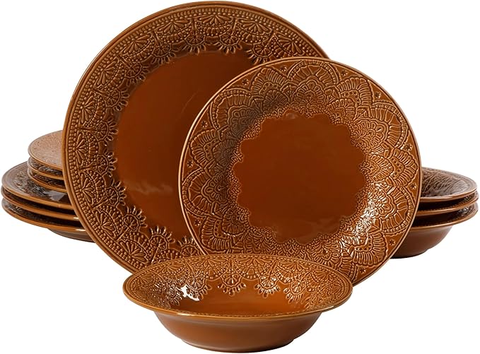Retro Lace Ceramic Dinnerware Set 12-Piece Embossed Pattern Caramel Glaze Microwave &amp Dishwasher Safe for Daily Dining &amp Holiday Gatherings Includes Dinner &amp Salad Plates Bowls