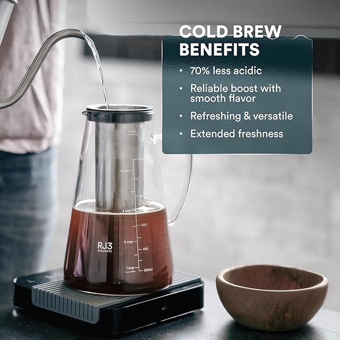 Airtight Cold Brew Iced Coffee Maker 1.0L with Double Wall Single Lip Insulated Glass Cup