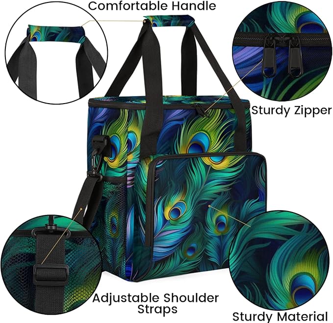 Peacock Feather Travel Coffee Maker Carrying Bag Large Organizer Storage Tote Bag Insulated Reusable Cooler Grocery Bags