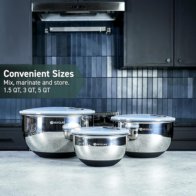 HexClad Stainless Steel Mixing Bowl Set 3-Piece with Vacuum Seal Lids and Non-Slip Base 1.33 and 5 Quarts