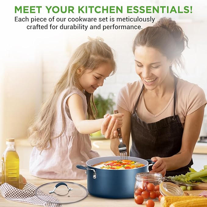 NutriChef High-Qualified Basic Kitchen Pots and Pans Set 14 Piece Induction Compatible Nonstick Cookware Set- Non Toxic Free of PTFE PFOA PFOS Easy Clean and Release One Size Blue