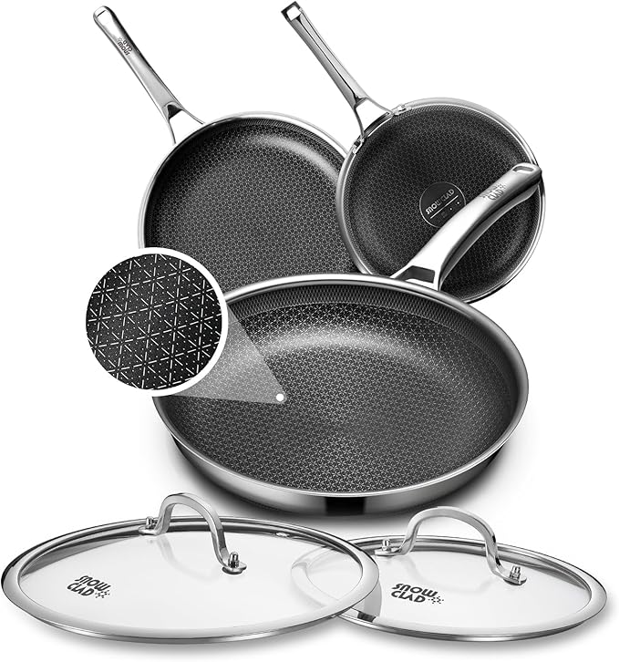 Non Stick Frying Pans Set with 2 Lid Hybrid Skillet Set Nonstick (8+10+12inch) Pans for cooking PFOA Free Stainless Steel Kitchen set Dishwasher and Oven-Safe Cookware Sets