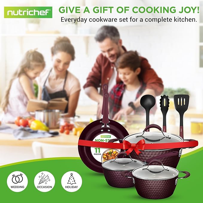 NutriChef Nonstick Cookware Excilon Home Kitchen Ware Pots &amp Pan Set with Saucepan Frying Pans Cooking Pots Lids Utensil PTFE/PFOA/PFOS free 11 Pcs Purple Diamond One size