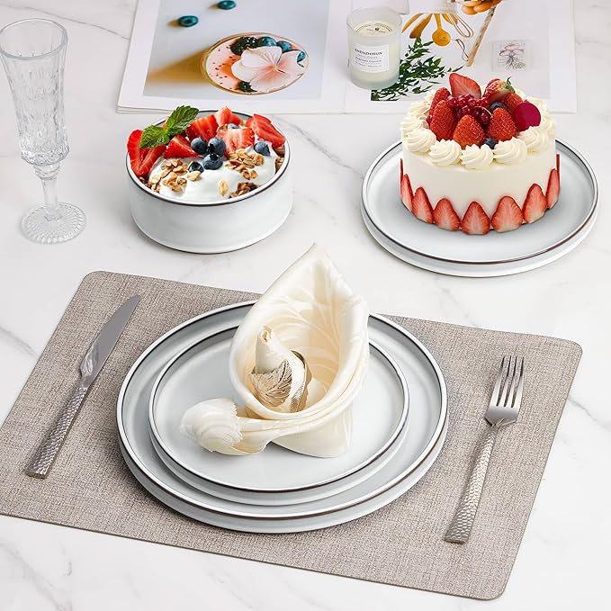 LIANYU Plates and Bowls Dinnerware Sets for 8 24 Piece Stoneware Tableware Dishes Set Includes Dinner Dessert Plate Cereal Bowl Rustic Terracotta Underside Dishwasher &amp Microwave Safe Lucent W